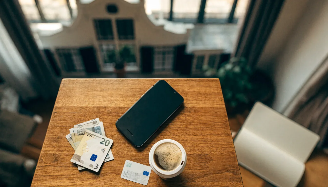 Smartphone, euro's en bankpas op een tafel, Nederlands online casino storten