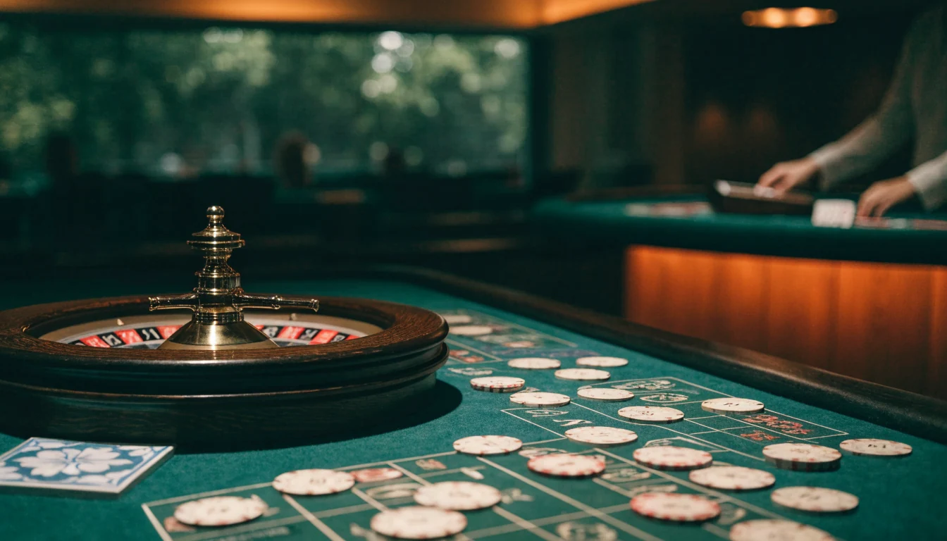 Live casinostudio met roulettewiel en fiches in sfeervolle verlichting