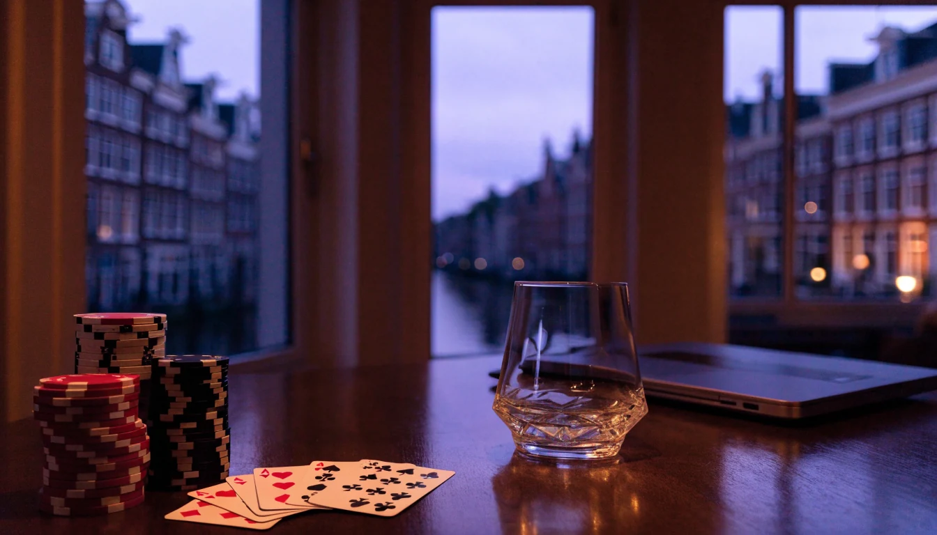 Stapel casinofiches en speelkaarten op een houten tafel in een Amsterdamse grachtenwoning bij schemering.