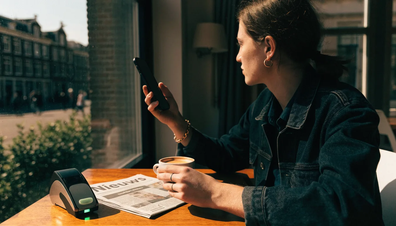 Persoon in Nederlands café met smartphone en contactloos betalen