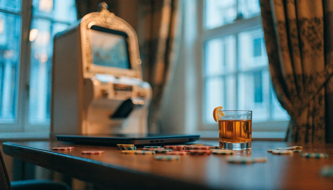 Sfeerimpressie van een Nederlands online casino met speelkasten en tafelspelbenodigdheden