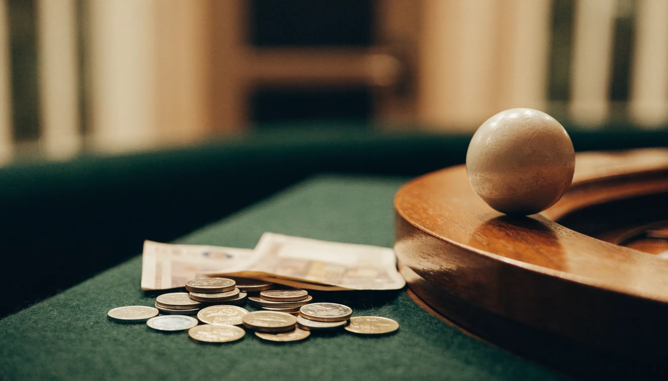 Klein stapeltje euromunten en bankbiljetten op groen casinotafeltje met roulette