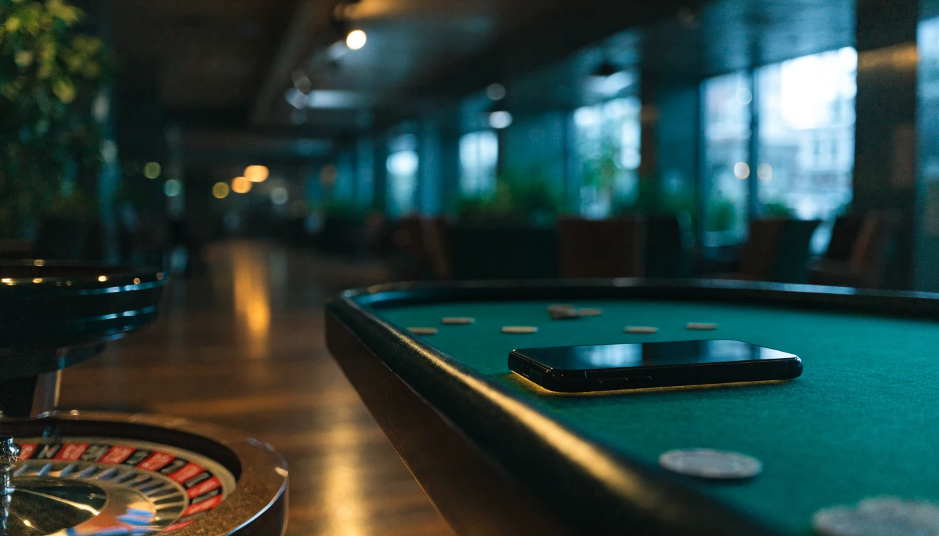 Lege casinozaal in Nederland met smartphone en fiches op een groene tafel