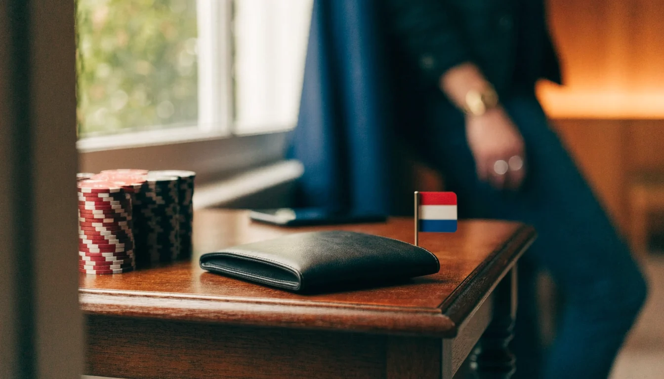 Casinochips en telefoon op een tafel, Nederlandse sfeer
