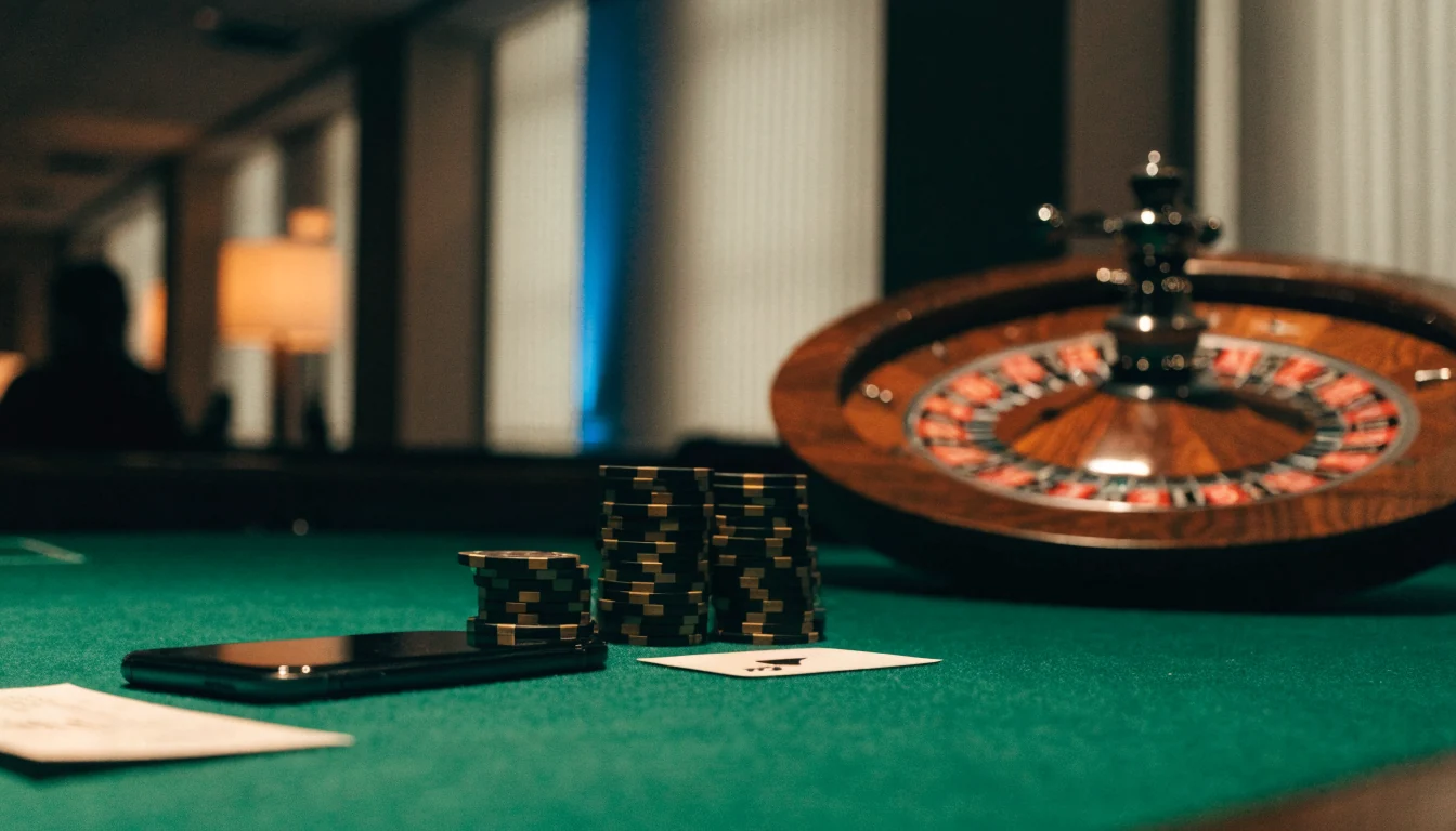 Smartphone op groene casinotafel met fiches, speelkaart en roulettewiel op de achtergrond
