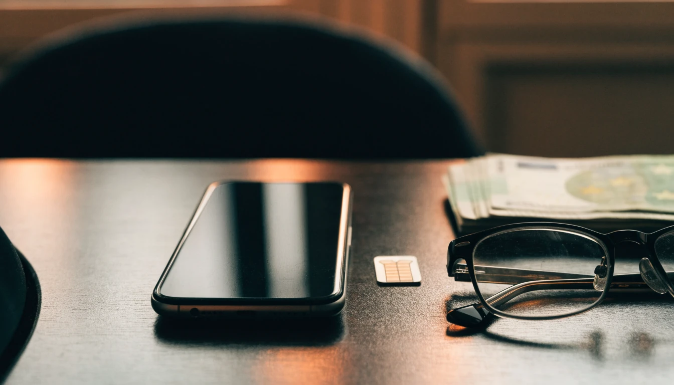 Telefoon met simkaart en eurobiljetten op een bureau, sfeer van mobiel betalen.