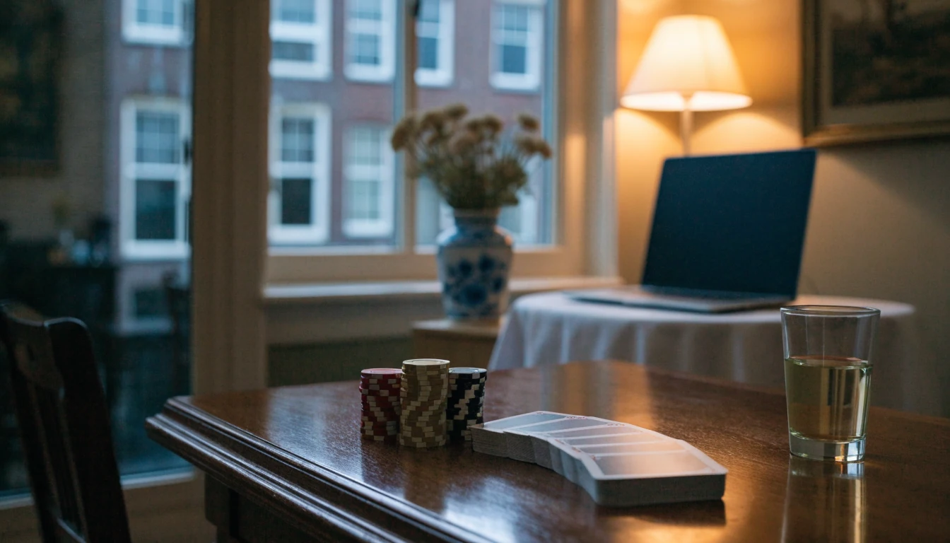 Casino chips en kaarten op tafel met gesloten laptop