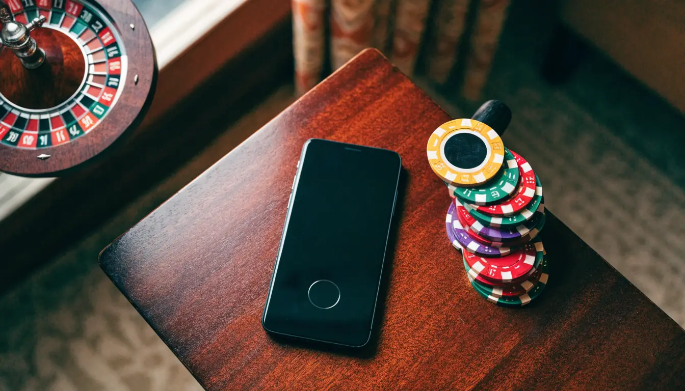 Smartphone met casinofiches en roulettewiel op tafel