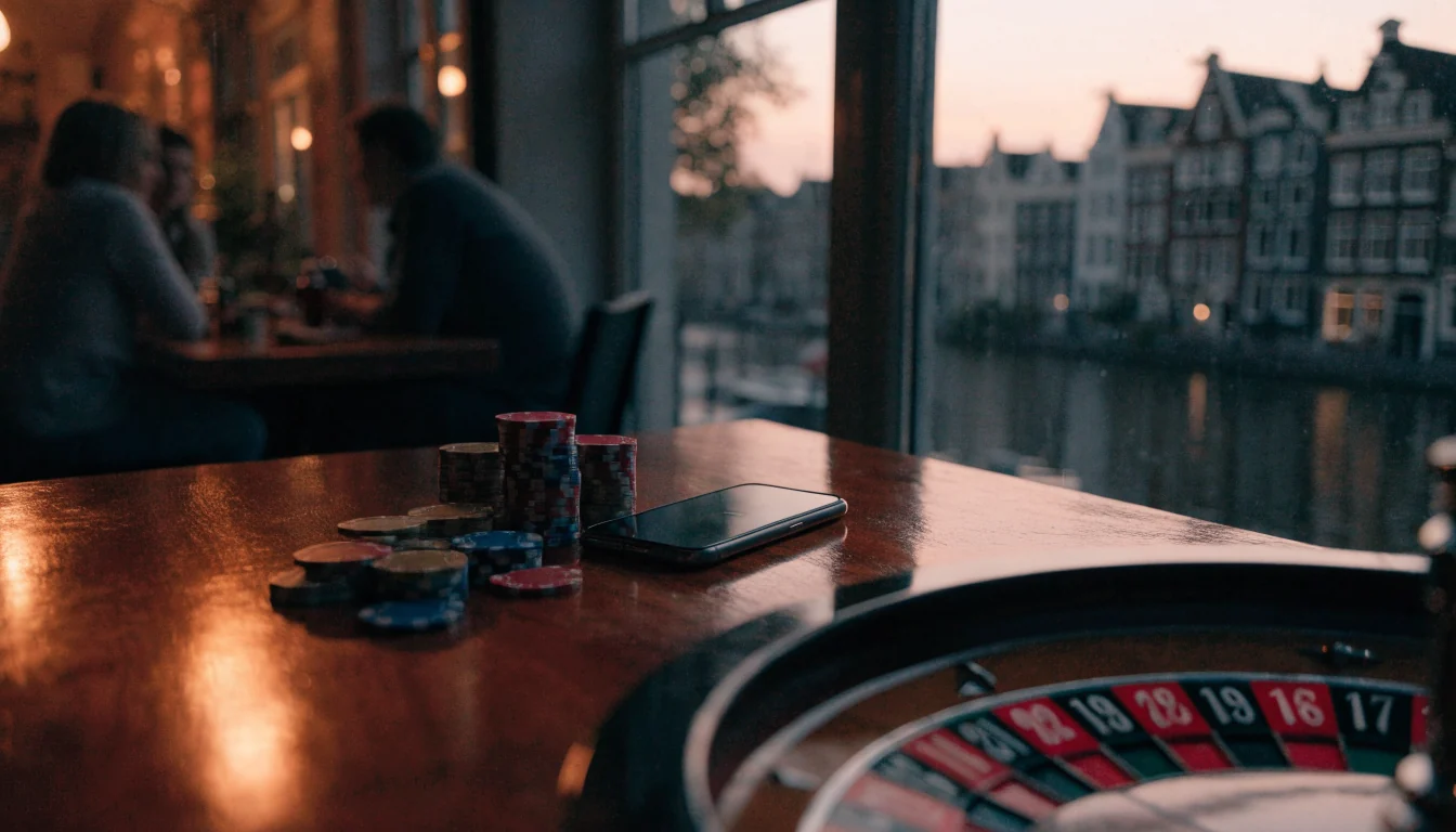 Sfeervolle Nederlandse caféscène met pokerfiches en roulettewiel aan tafel