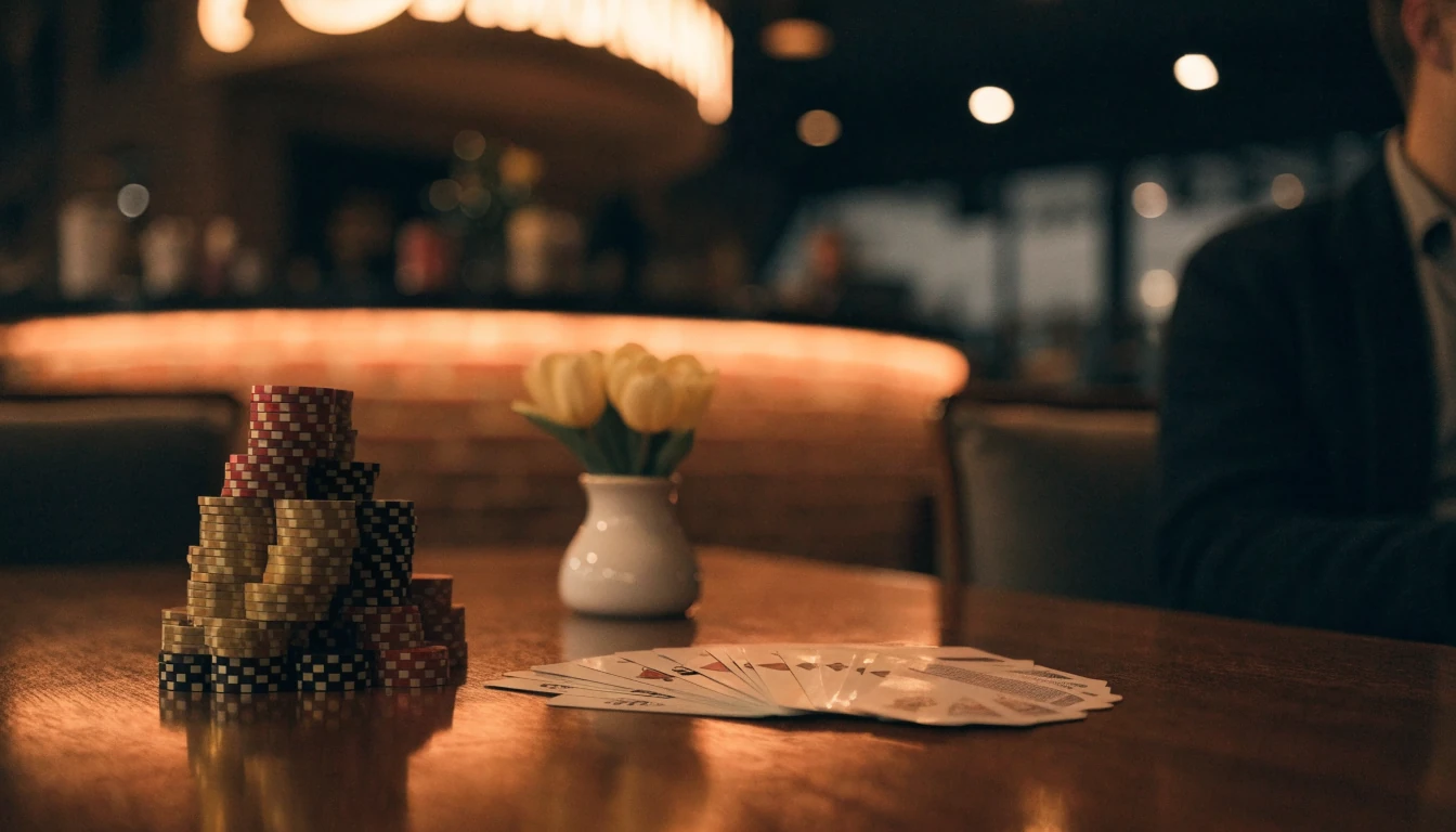 Casinospellen setting met fiches en kaarten in een Nederlands café