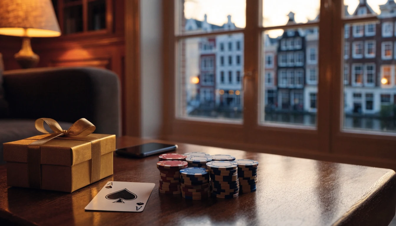 Sfeervolle Nederlandse huiskamer met casinofiches, speelkaart en gouden cadeau als welkomstbonus op tafel