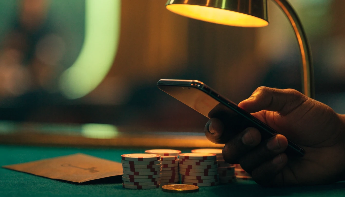 Sfeerbeeld van een casino lounge met fiches en een telefoon
