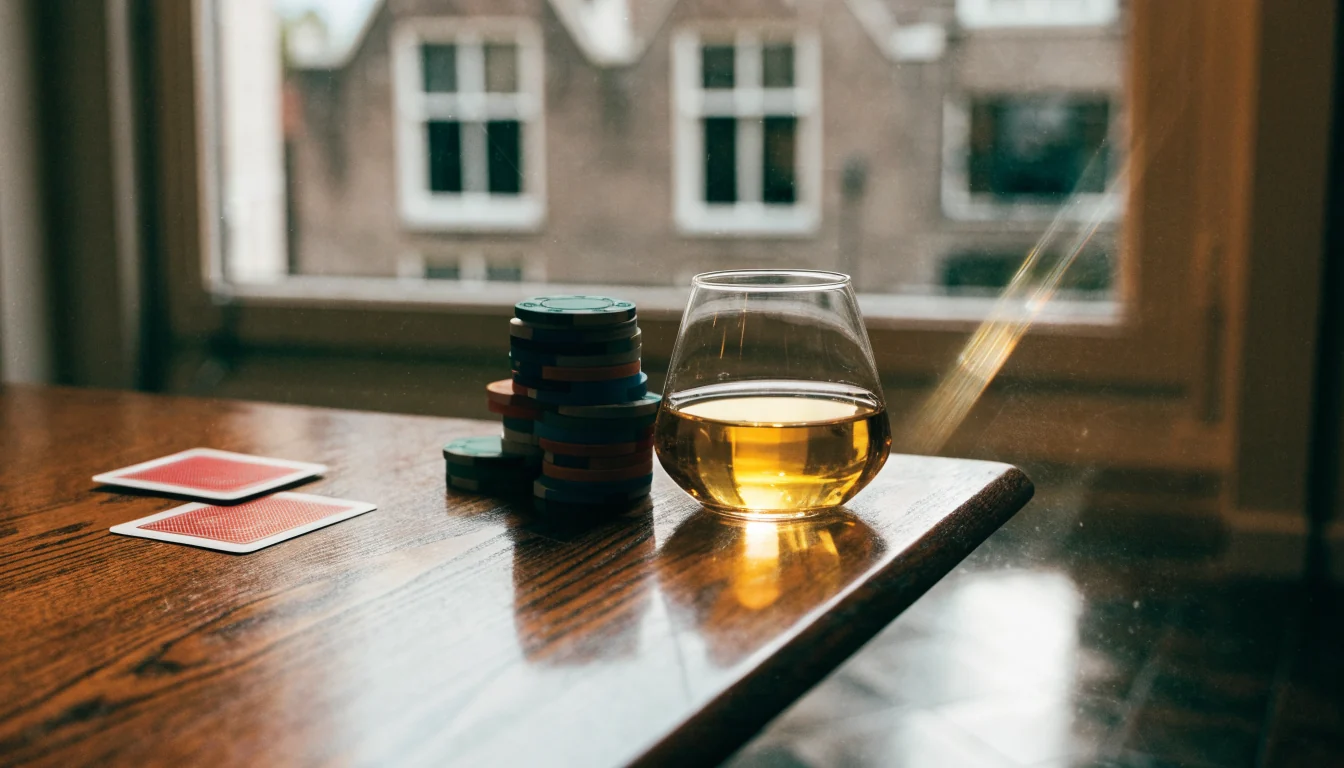 Houten tafel met casinofiches, speelkaarten en jenever bij een Amsterdams raam