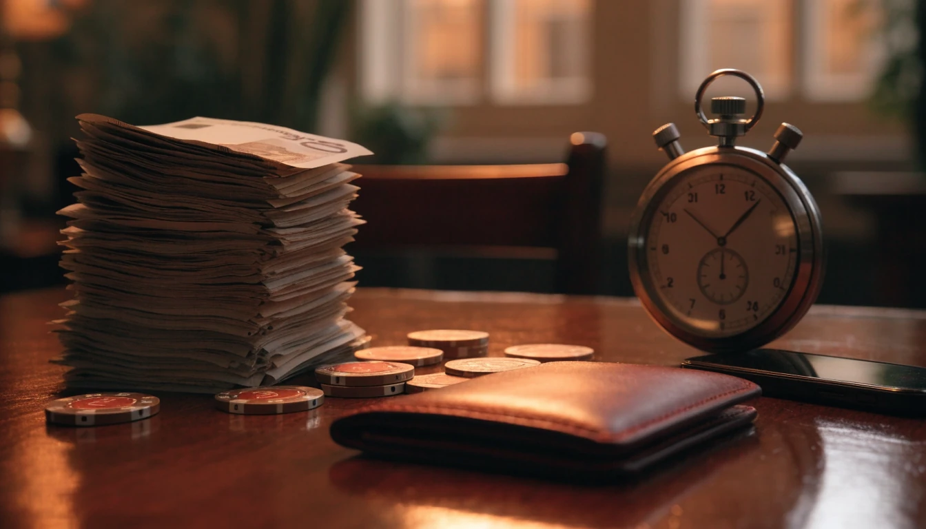 Eur bankbiljetten, casino fiches en een stopwatch op een tafel
